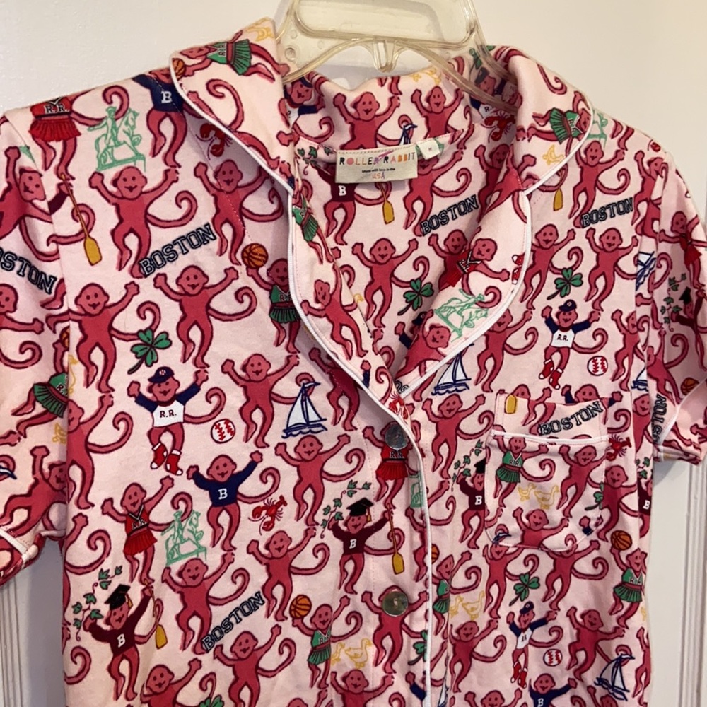 New ROLLER RABBIT PINK BOSTON MONKEYS POLO PAJAMAS TOP SZ LARGE PREPPY COTTON PJ
